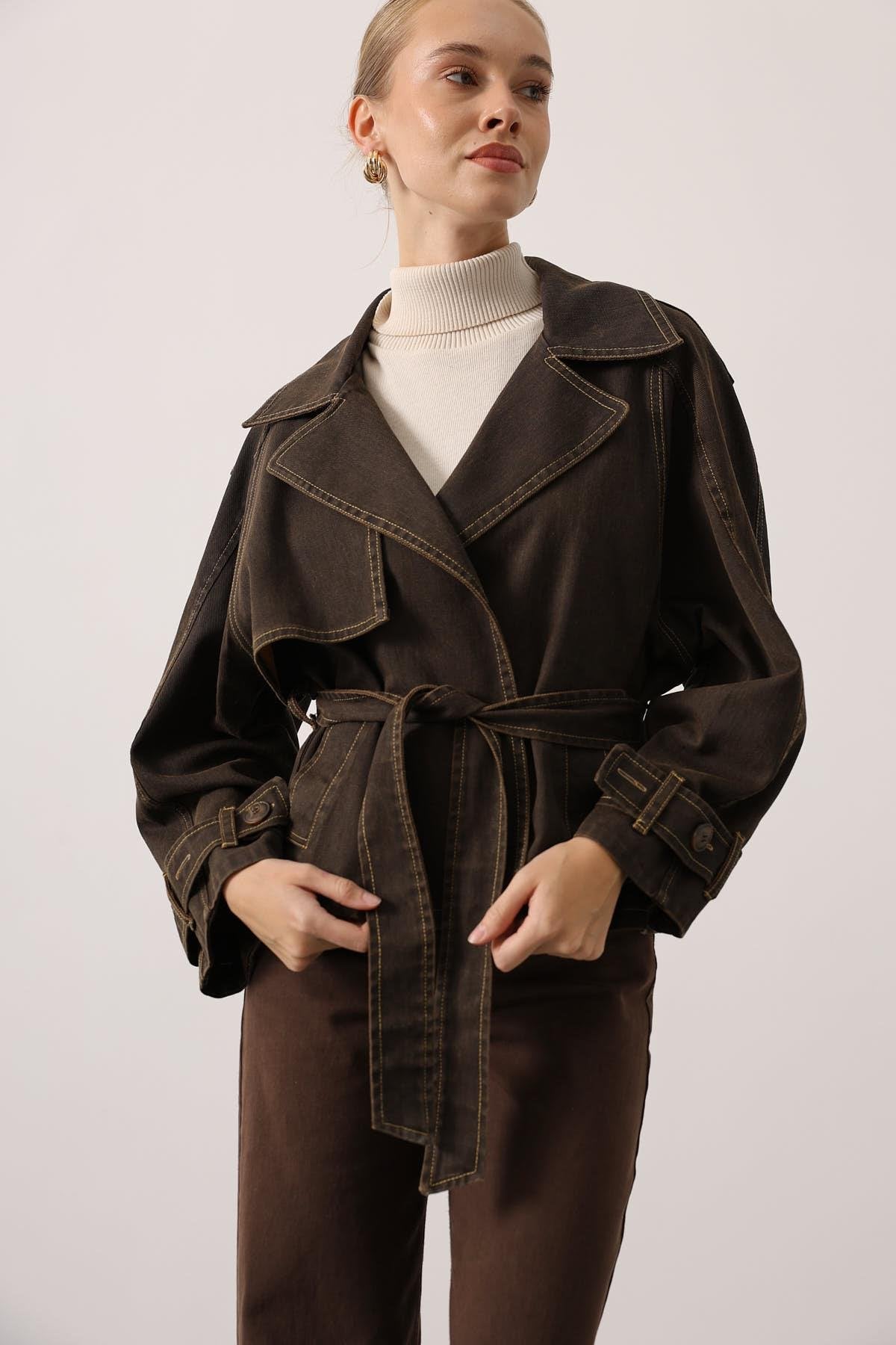 YIKAMA EFEKTLİ BAĞLAMALI DENİM CEKET - Kahve