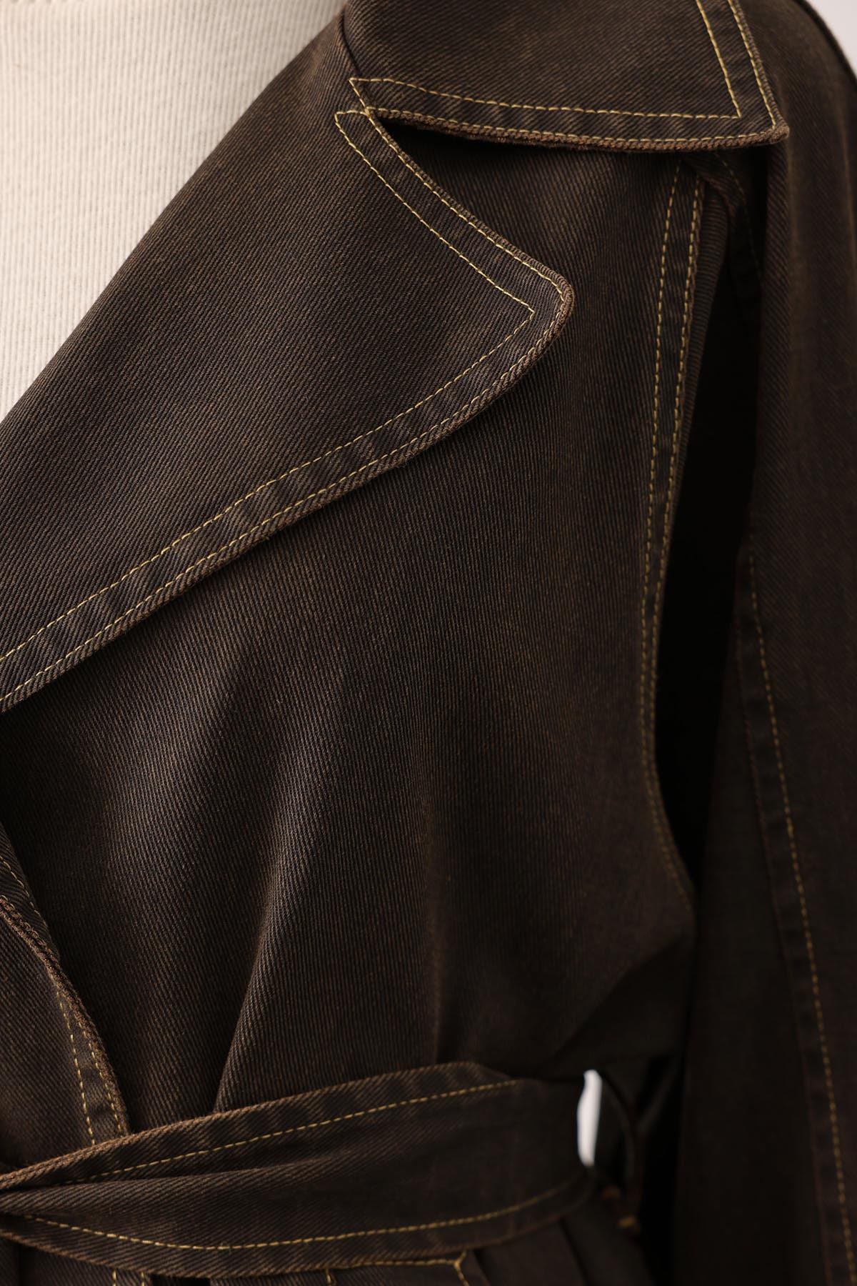 YIKAMA EFEKTLİ BAĞLAMALI DENİM CEKET - Kahve