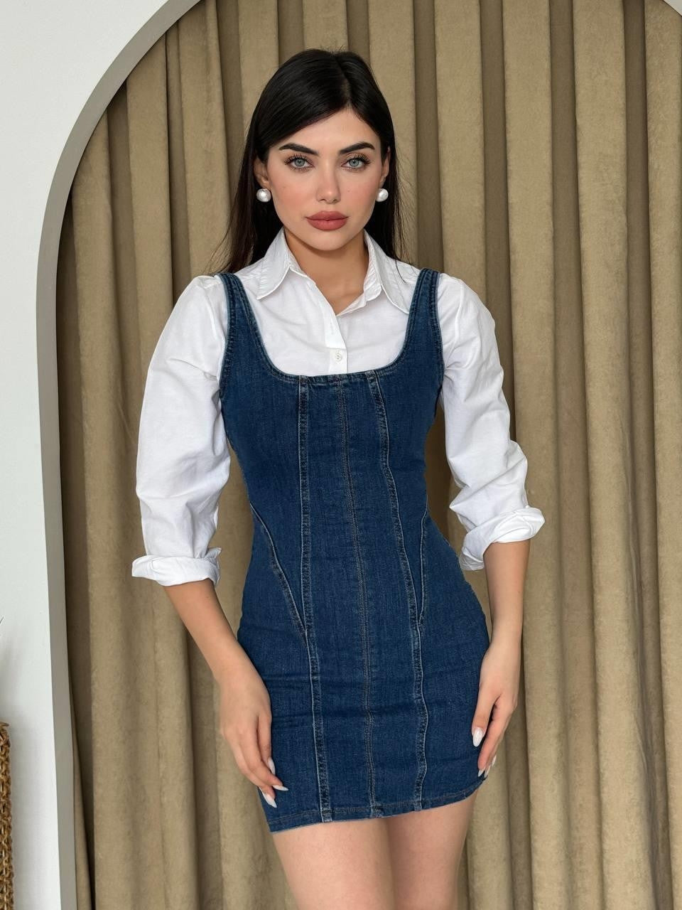 Zippe Detaylı Denim Elbise