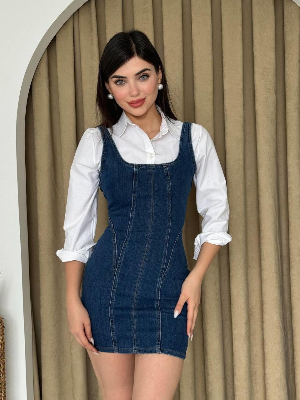 Zippe Detaylı Denim Elbise