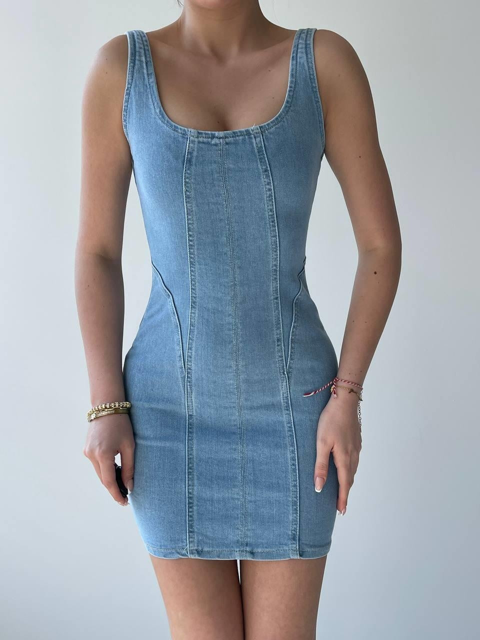 Zippe Detaylı Denim Elbise