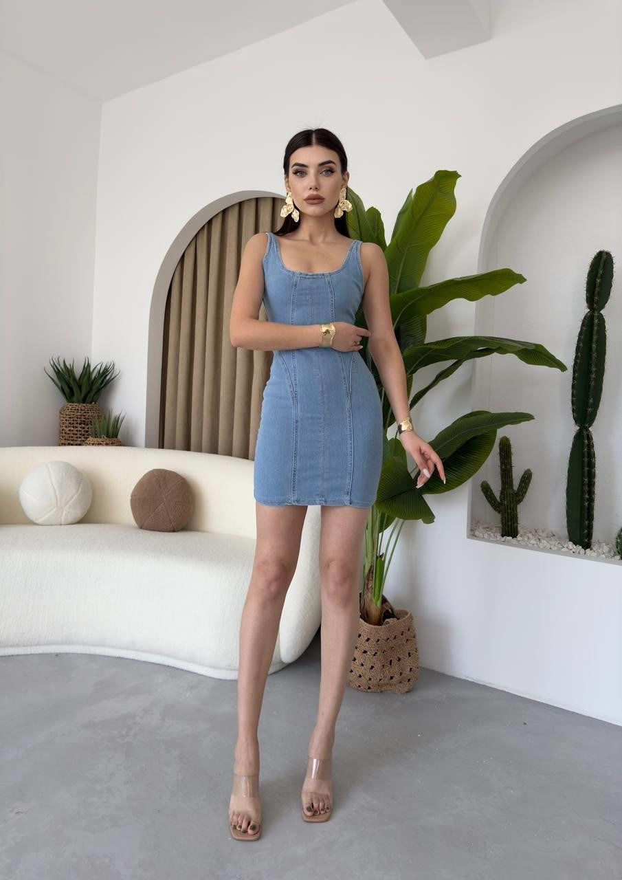 Zippe Detaylı Denim Elbise