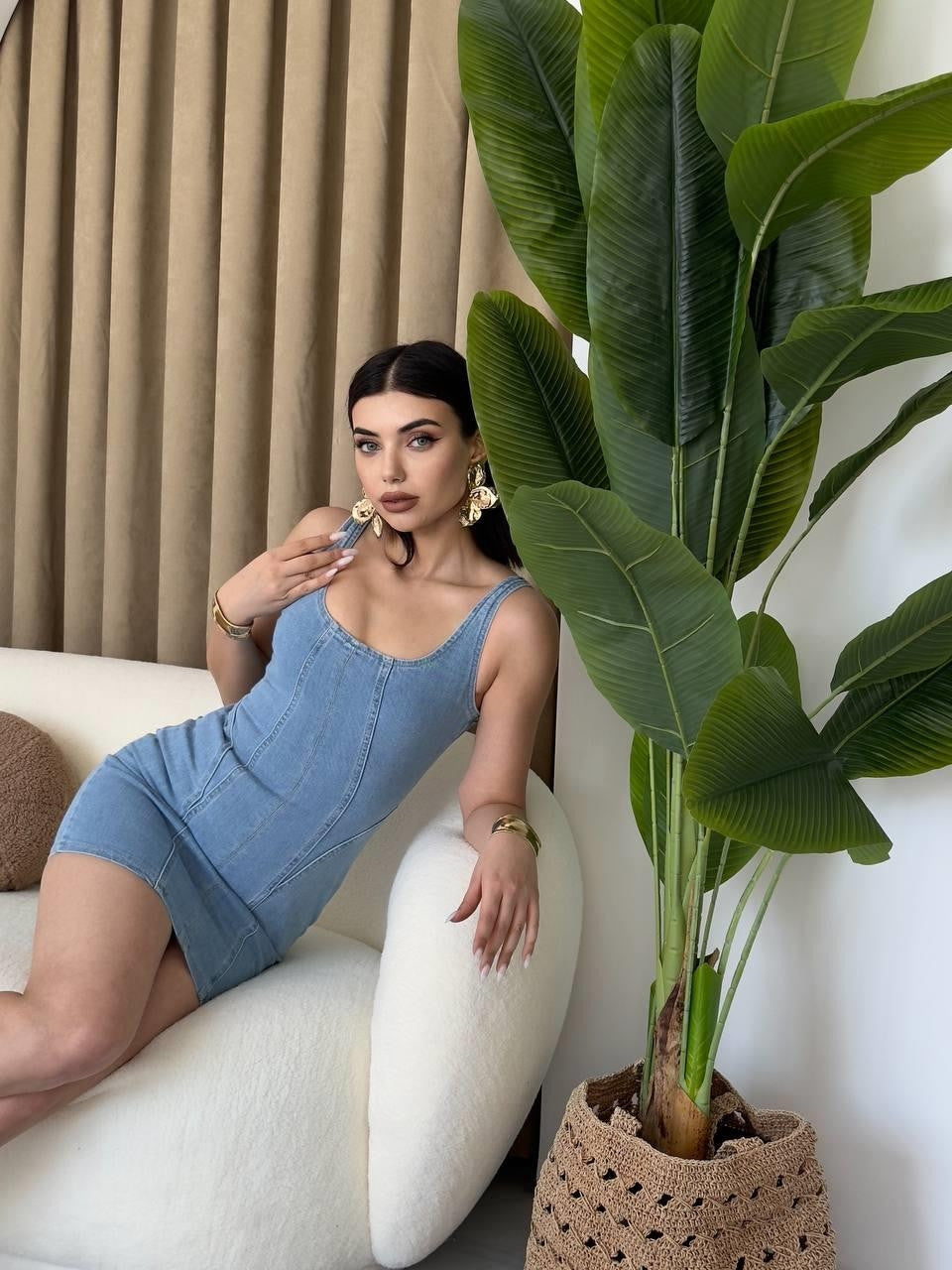 Zippe Detaylı Denim Elbise