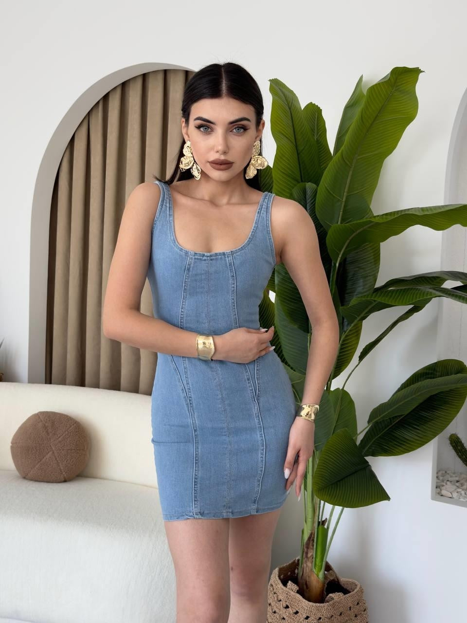 Zippe Detaylı Denim Elbise