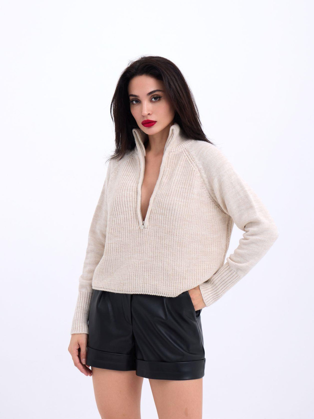 3309 Pullover mit Reißverschluss – Stein