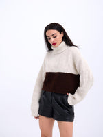 3904 STRICKWAREN ROLLKRAGENPULLOVER MIT GESTREIFTEM KRAGEN - CREME-BRAUN