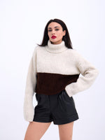 3904 STRICKWAREN ROLLKRAGENPULLOVER MIT GESTREIFTEM KRAGEN - CREME-BRAUN