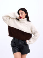 3904 STRICKWAREN ROLLKRAGENPULLOVER MIT GESTREIFTEM KRAGEN - CREME-BRAUN