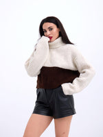 3904 STRICKWAREN ROLLKRAGENPULLOVER MIT GESTREIFTEM KRAGEN - CREME-BRAUN