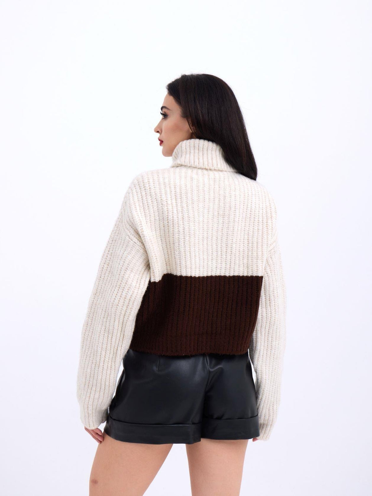 3904 STRICKWAREN ROLLKRAGENPULLOVER MIT GESTREIFTEM KRAGEN - CREME-BRAUN