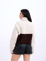 3904 STRICKWAREN ROLLKRAGENPULLOVER MIT GESTREIFTEM KRAGEN - CREME-BRAUN