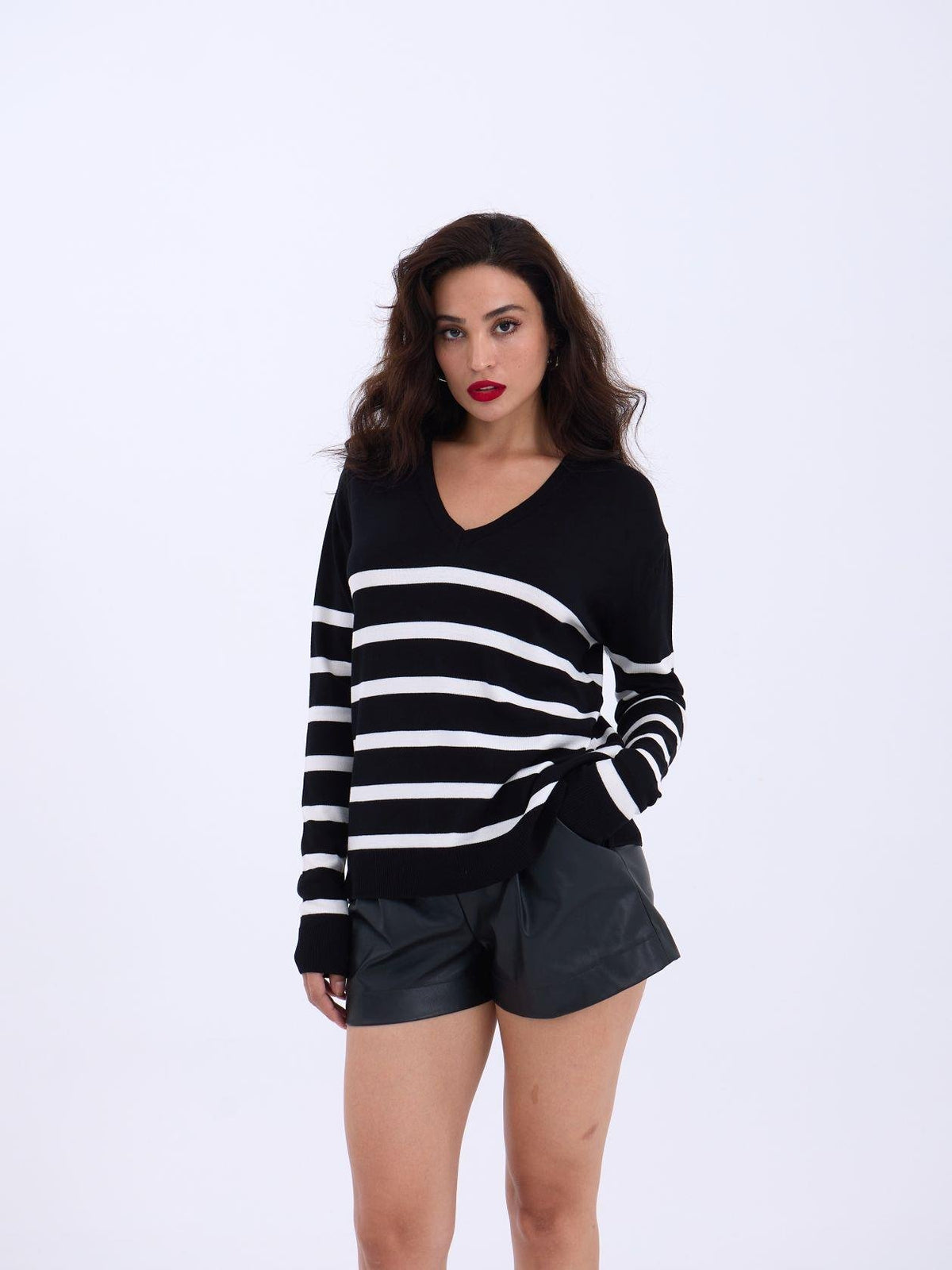 4203 STRICKWAREN V-AUSSCHNITT GESTREIFT BASIC SALASH-SCHWARZ-ECRU