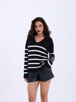 4203 STRICKWAREN V-AUSSCHNITT GESTREIFT BASIC SALASH-SCHWARZ-ECRU