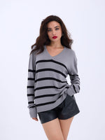 4203 STRICKWAREN V-AUSSCHNITT GESTREIFT BASIC SALASH-GRAU-SCHWARZ