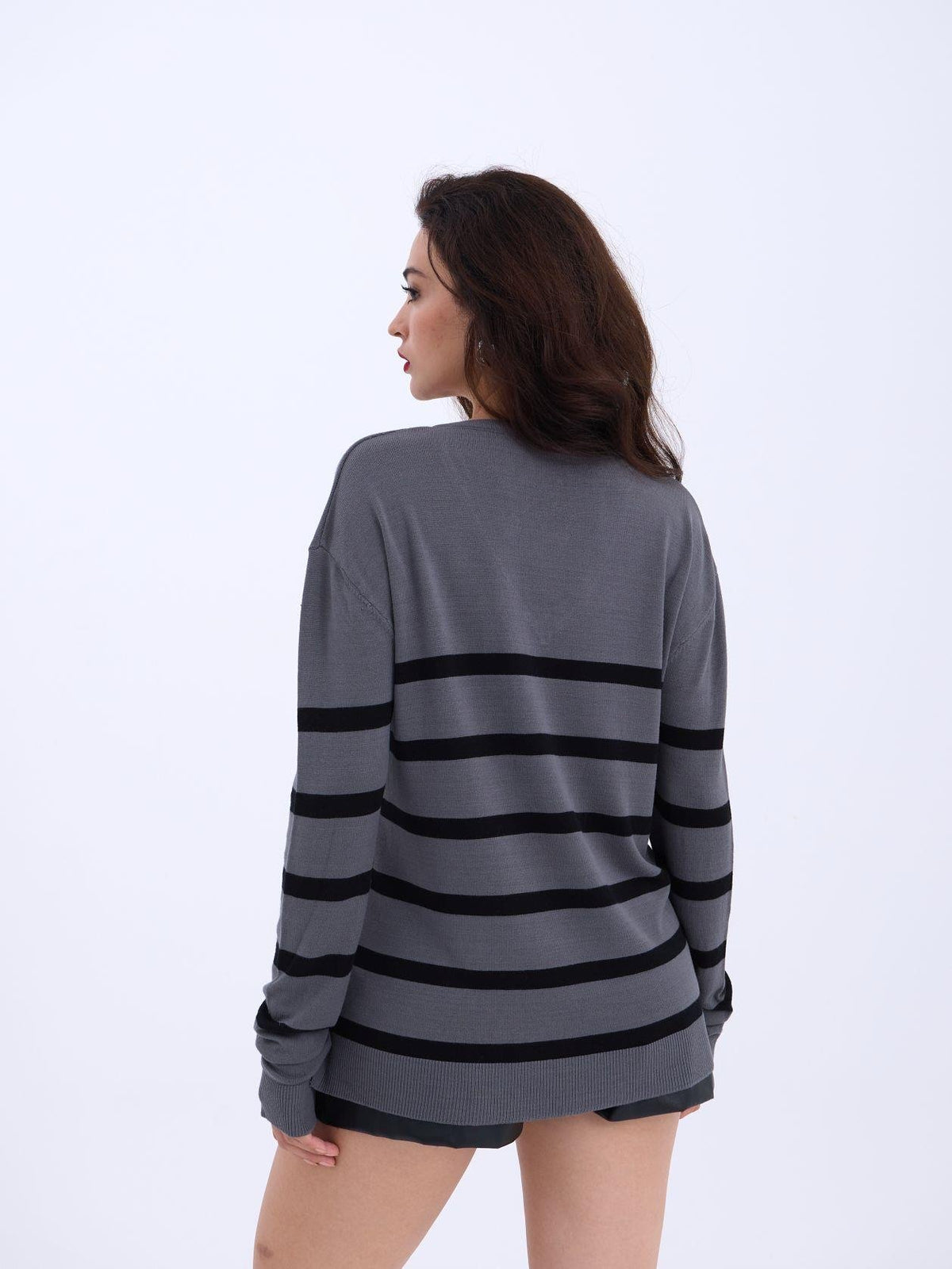 4203 STRICKWAREN V-AUSSCHNITT GESTREIFT BASIC SALASH-ANTHRAZIT-SCHWARZ
