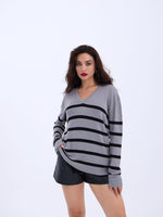 4203 STRICKWAREN V-AUSSCHNITT GESTREIFT BASIC SALASH-GRAU-SCHWARZ