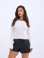 4204 STRICKWAREN BASIC KRAGEN GESTREIFTES PULLOVER-ECRU-SCHWARZ