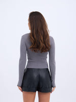 4204 STRICKWAREN BASIC KRAGEN GESTREIFT PULLOVER-GRAU-SCHWARZ