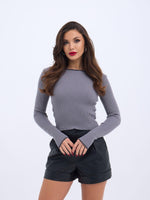 4204 STRICKWAREN BASIC KRAGEN GESTREIFT PULLOVER-GRAU-SCHWARZ