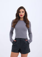 4204 STRICKWAREN BASIC KRAGEN GESTREIFT PULLOVER-GRAU-SCHWARZ