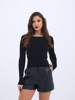 4204 STRICKWAREN BASIC KRAGEN GESTREIFT PULLOVER-SCHWARZ-ECRU