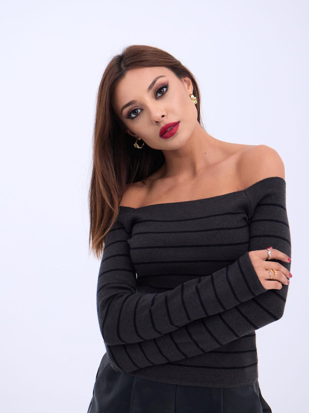 4206 STRICKWAREN GESTREIFTES BOOTHALS-CROP-ANTHRAZIT-SCHWARZ