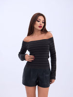4206 STRICKWAREN GESTREIFTES BOOTHALS-CROP-ANTHRAZIT-SCHWARZ