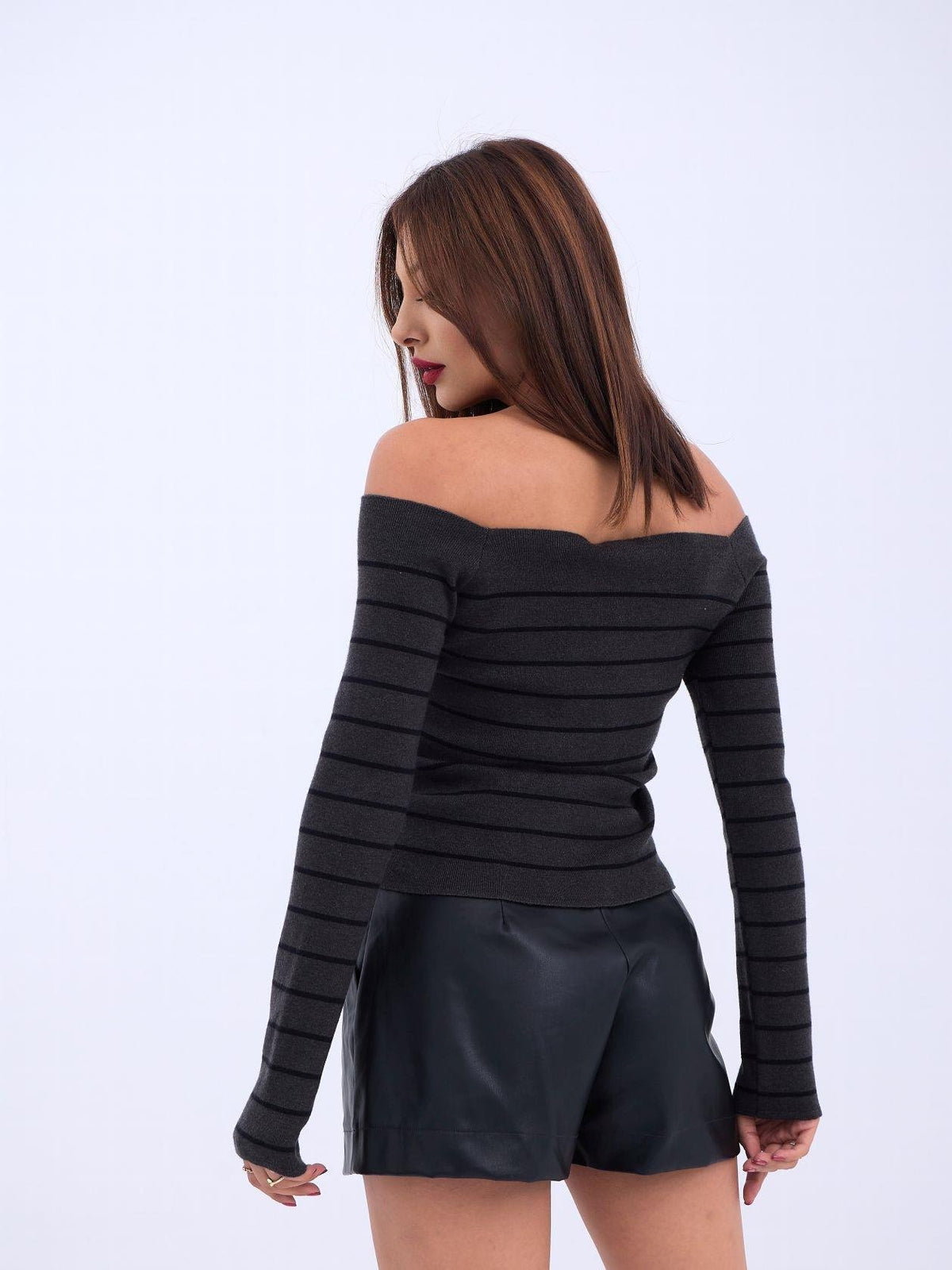 4206 STRICKWAREN GESTREIFTES BOOTHALS-CROP-ANTHRAZIT-SCHWARZ