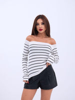 4206 STRICKWAREN GESTREIFTES BOOTKRAGEN-CROP-ECRU-SCHWARZ