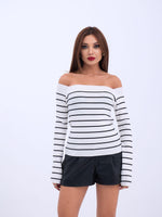 4206 STRICKWAREN GESTREIFTES BOOTKRAGEN-CROP-ECRU-SCHWARZ