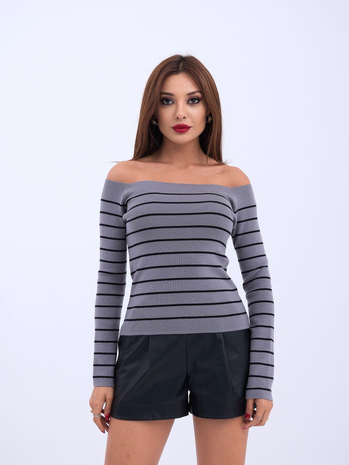 4206 STRICKWAREN GESTREIFTES BOOTKRAGEN-CROP-GRAU-SCHWARZ