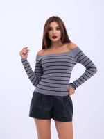 4206 STRICKWAREN GESTREIFTES BOOTKRAGEN-CROP-GRAU-SCHWARZ