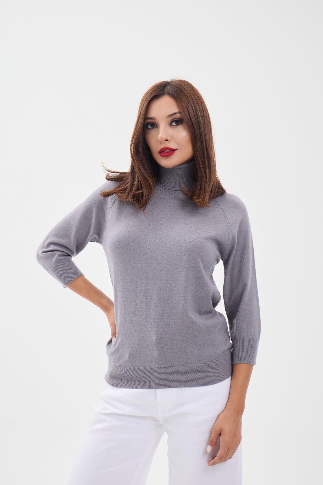 4212 STRICKWAREN ROLLKRAGENPULLOVER MIT SCHLECHTEN ÄRMELN - GRAU