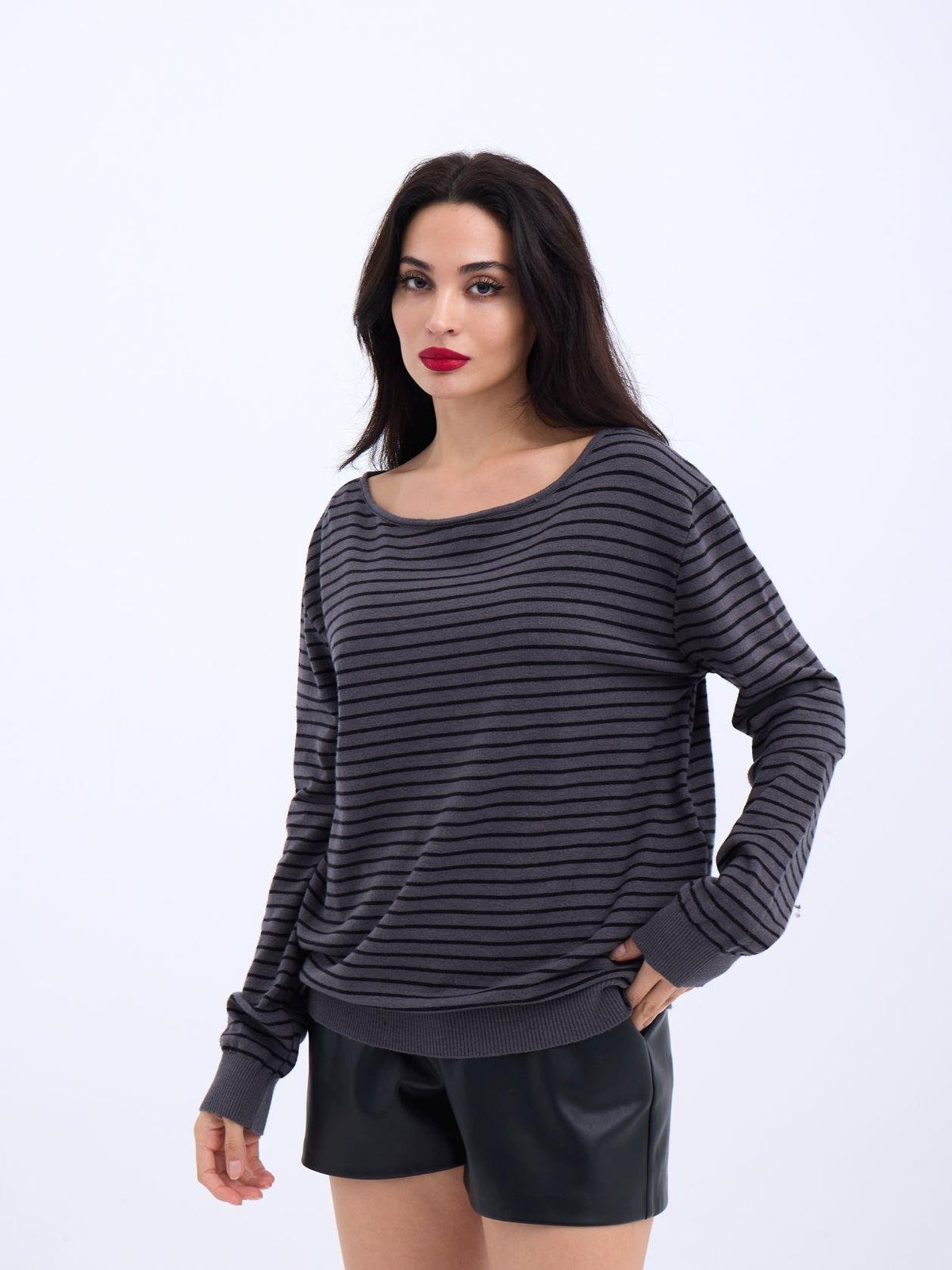 4215 STRICKWAREN GESTREIFTES SCHLAG-PULLOVER-ANTHRAZIT-SCHWARZ