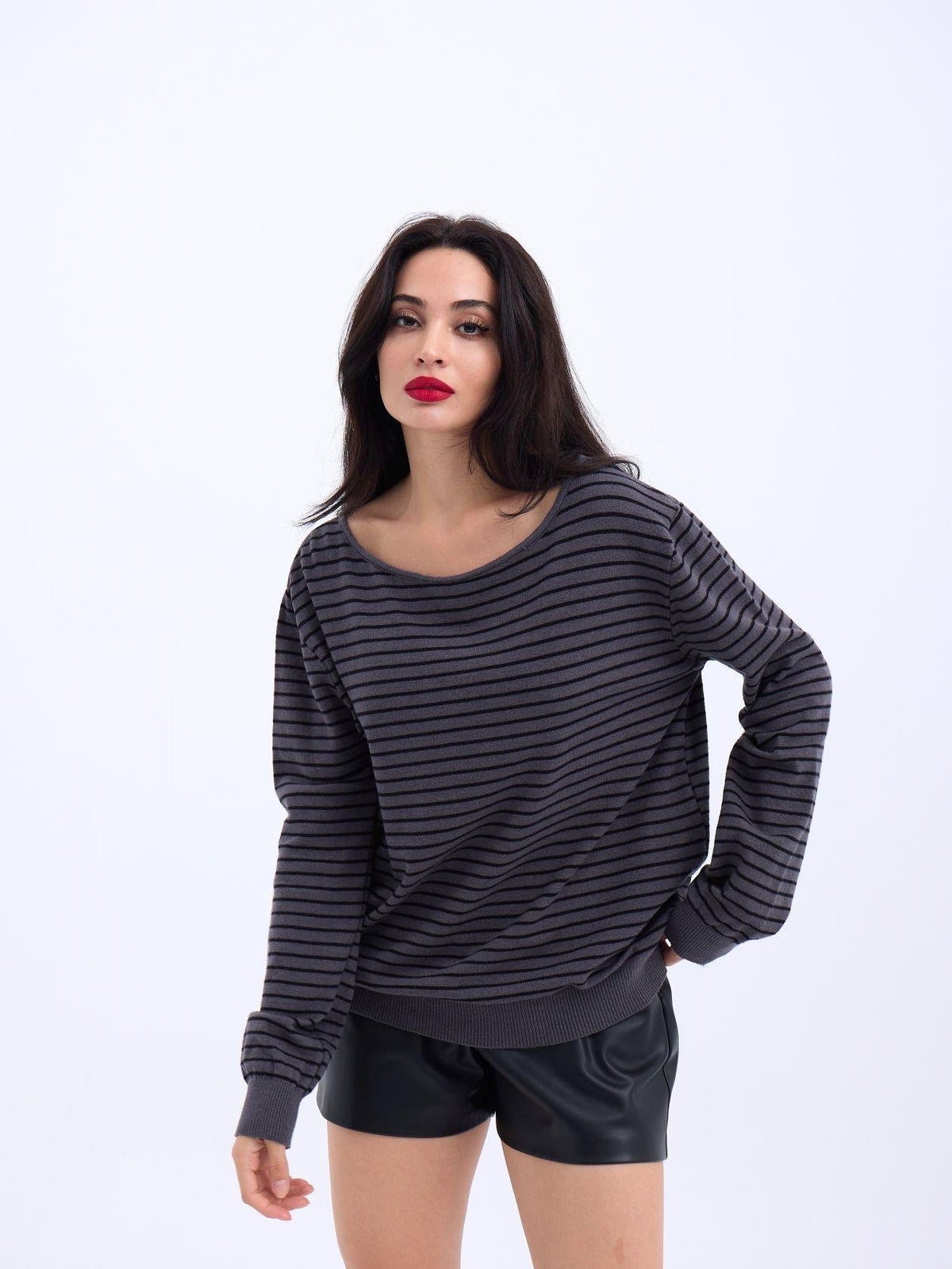 4215 STRICKWAREN GESTREIFTES SCHLAG-PULLOVER-ANTHRAZIT-SCHWARZ