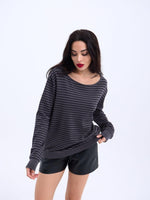 4215 STRICKWAREN GESTREIFTES SCHLAG-PULLOVER-ANTHRAZIT-SCHWARZ
