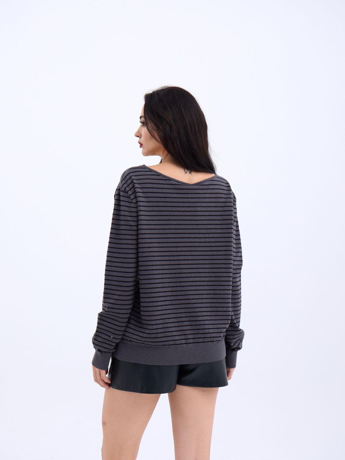 4215 STRICKWAREN GESTREIFTES SCHLAG-PULLOVER-ANTHRAZIT-SCHWARZ