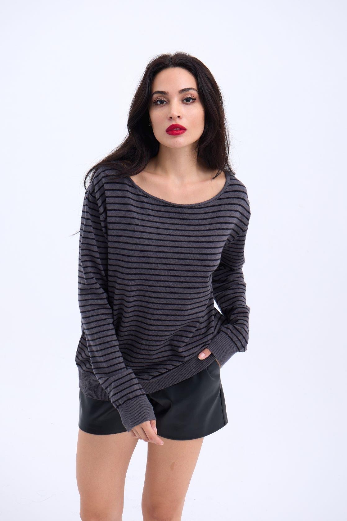4215 STRICKWAREN GESTREIFTES SCHLAG-PULLOVER-ANTHRAZIT-SCHWARZ