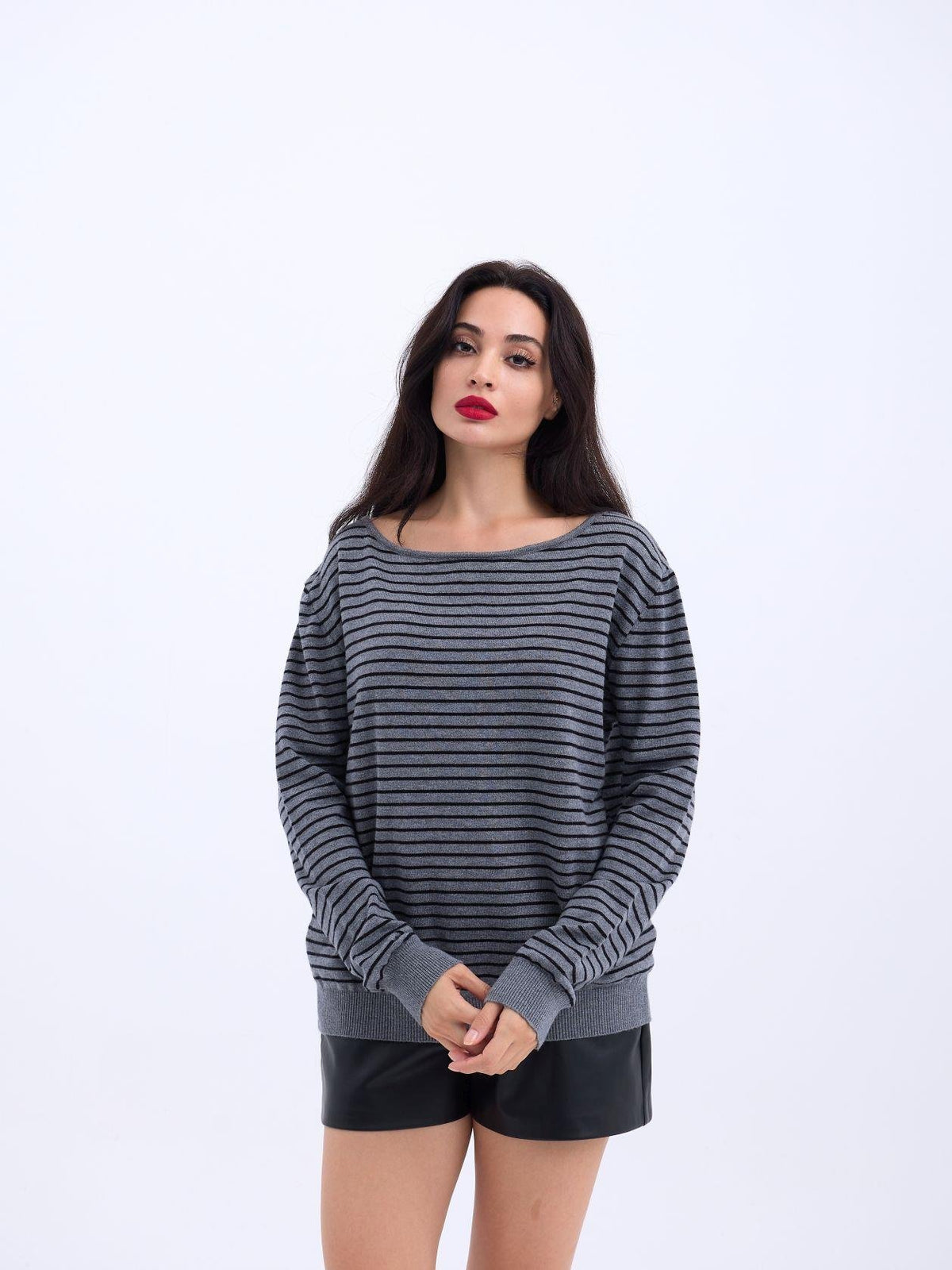 4215 STRICKWAREN GESTREIFTES LOCKERES PULLOVER-GRAU-SCHWARZ