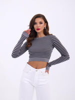 42211 STRICKWAREN GESTREIFTES CROP-GRAU-SCHWARZ
