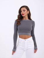 42211 STRICKWAREN GESTREIFTES CROP-GRAU-SCHWARZ