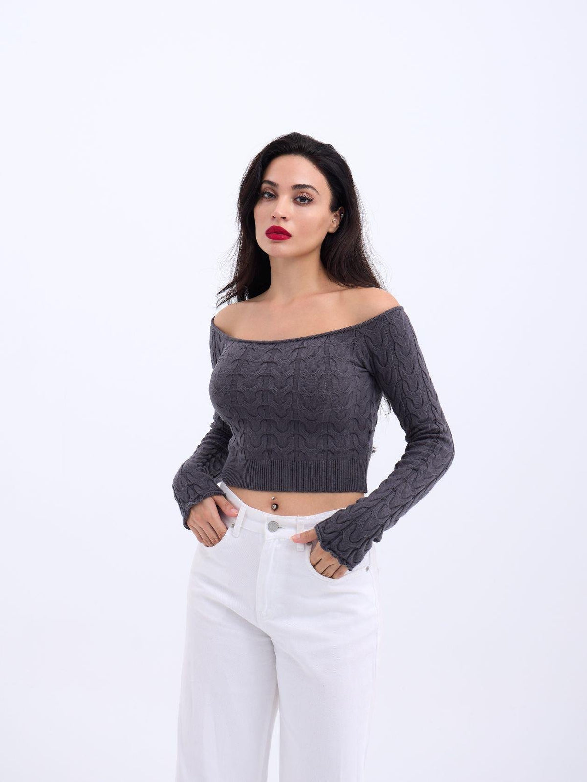 42241 STRICKWAREN BATAT NECK CROP-ANTHRAZIT