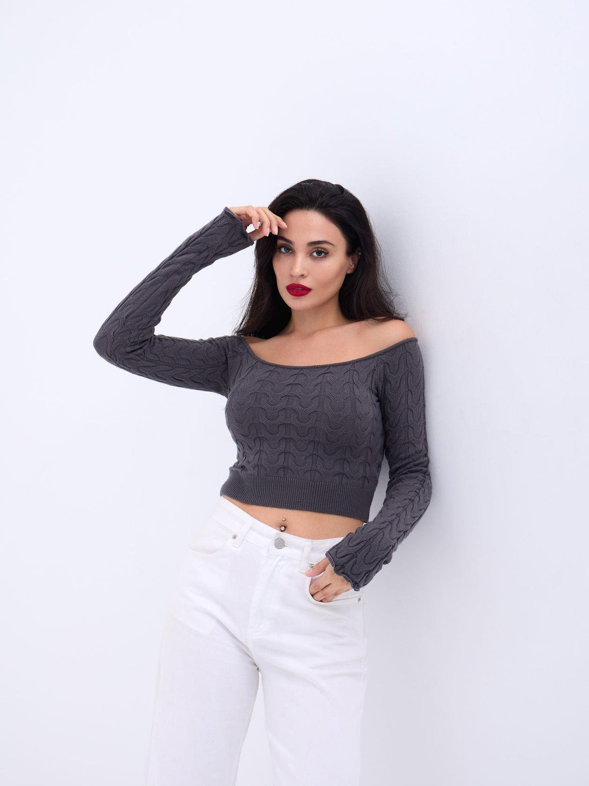 42241 STRICKWAREN BATAT NECK CROP-ANTHRAZIT