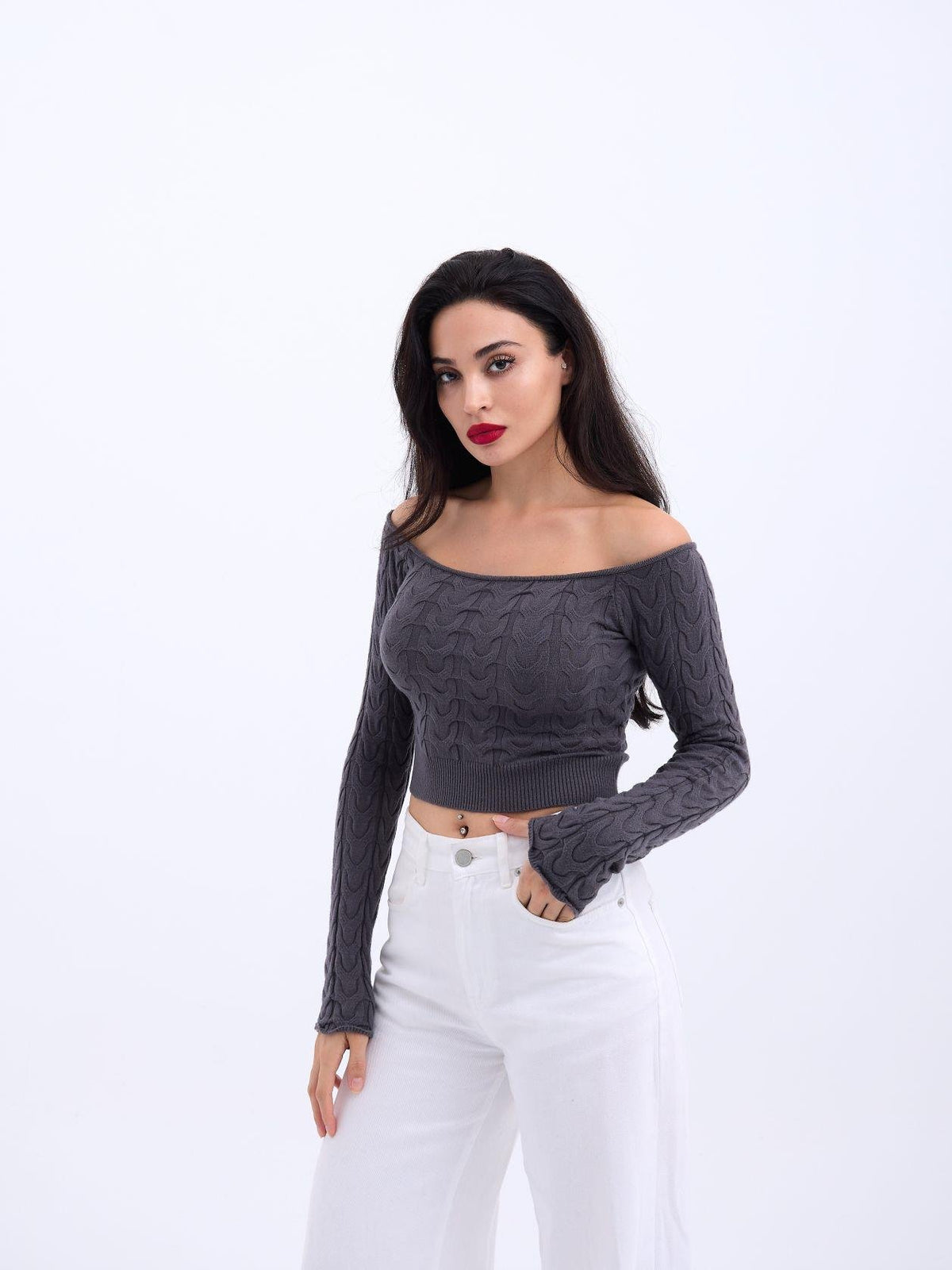 42241 STRICKWAREN BATAT NECK CROP-ANTHRAZIT