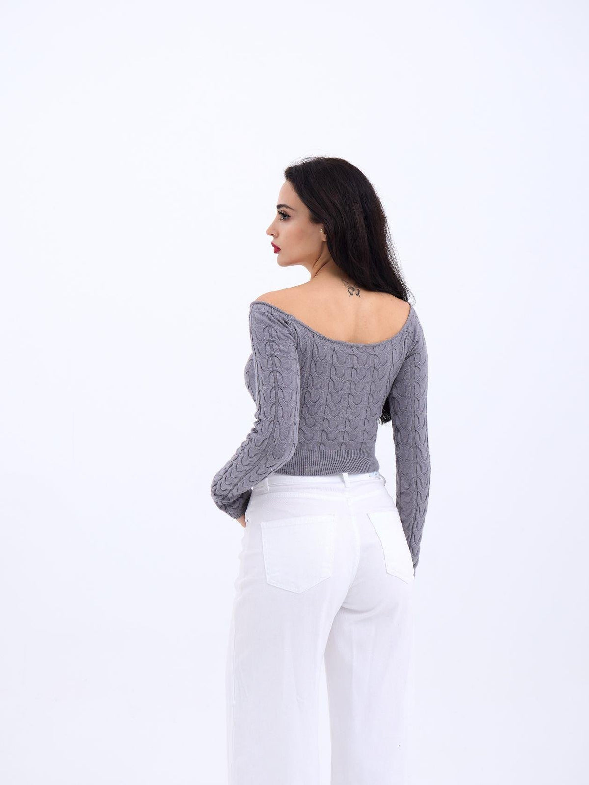 42241 STRICKWAREN FLEDERMAUS-KRAGEN-CROP-GRAU