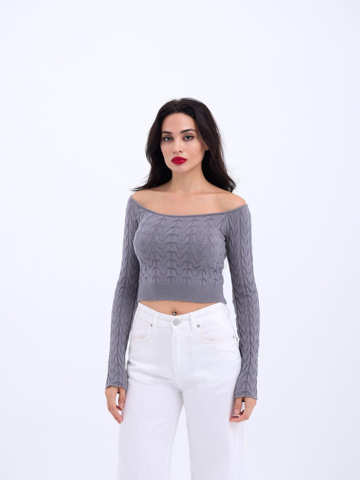 42241 STRICKWAREN FLEDERMAUS-KRAGEN-CROP-GRAU