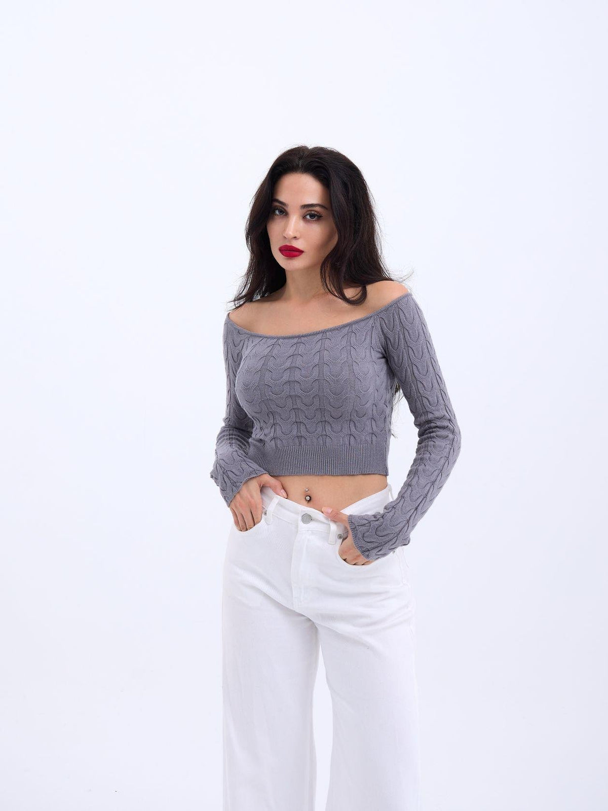 42241 STRICKWAREN FLEDERMAUS-KRAGEN-CROP-GRAU