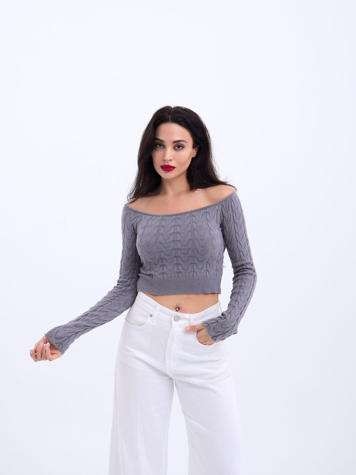 42241 STRICKWAREN FLEDERMAUS-KRAGEN-CROP-GRAU
