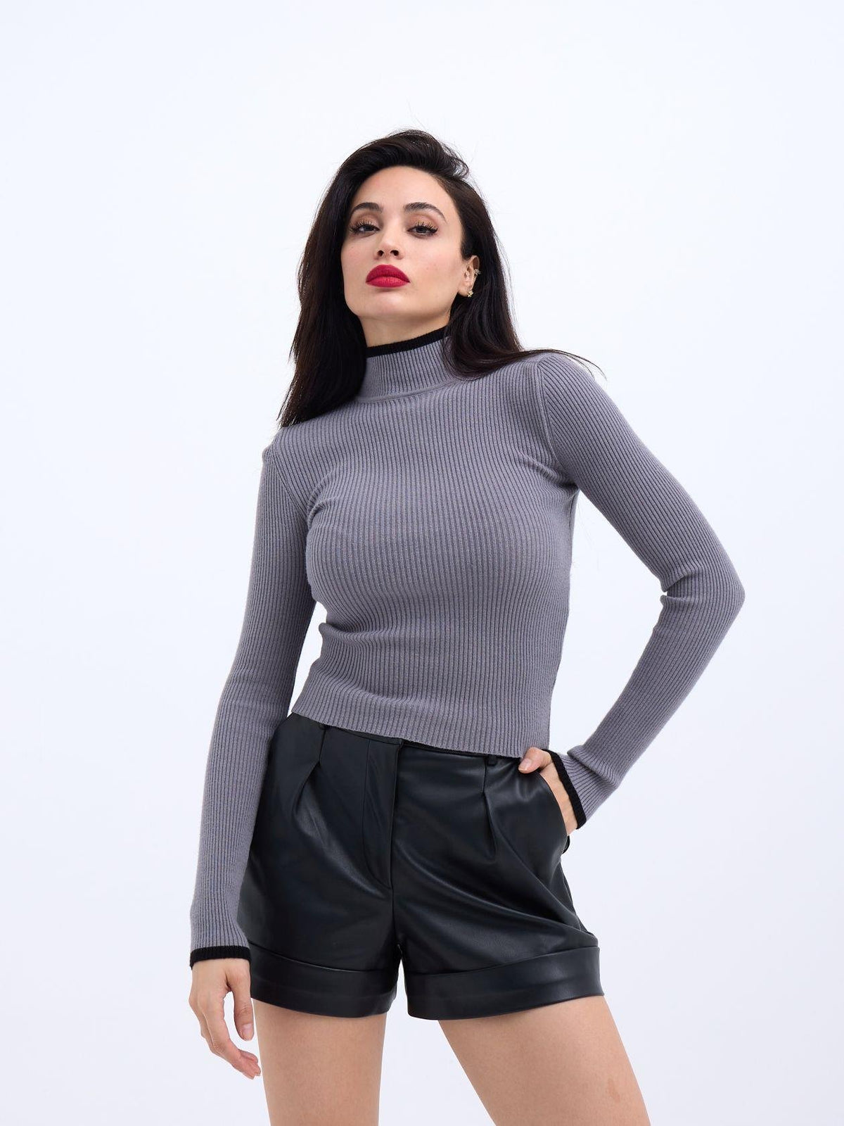 42251 STRICKWAREN FISHBEARER KORDELPULLOVER-GRAU-SCHWARZ