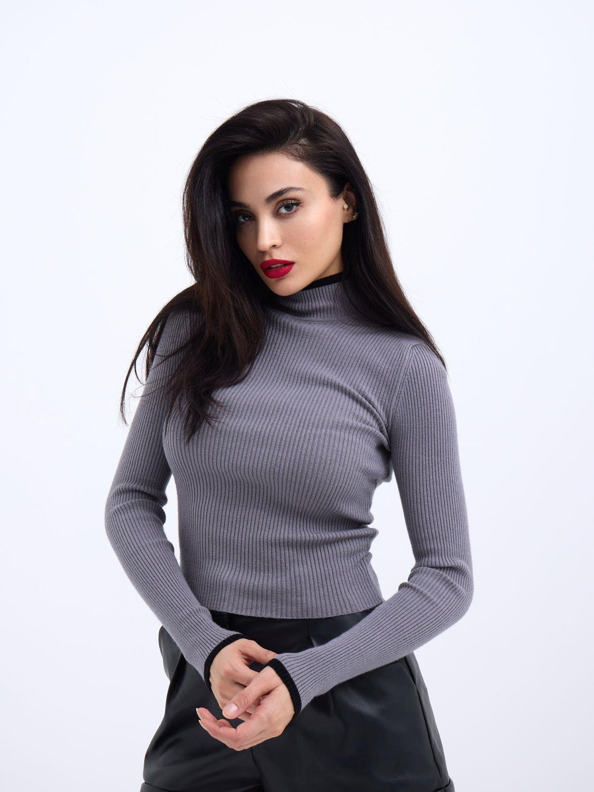 42251 STRICKWAREN FISHBEARER KORDELPULLOVER-GRAU-SCHWARZ